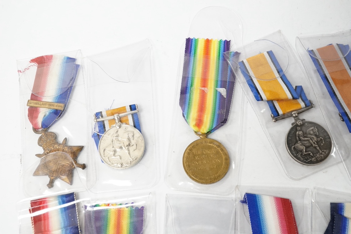 A collection of eighteen First World War medals including; eight British War Medals, five Victory Medals, four 1914-15 Stars, and one 1914 Star with clasp for 5th Aug - 22nd Nov. 1914, all named. Condition - poor to good
